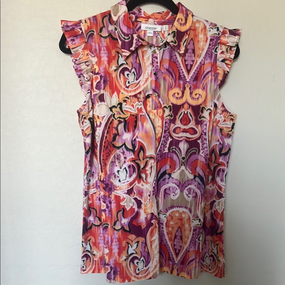Chico's Pink and Orange Sleeveless Ruffled Blouse